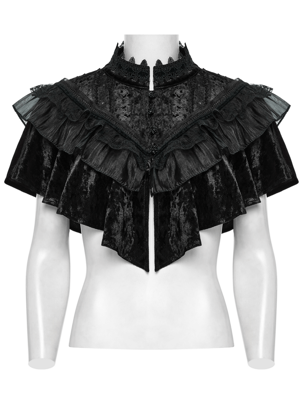 Elegant embroidered goth cape with lace trim and a rose buckle, perfect for Victorian and steampunk styles.