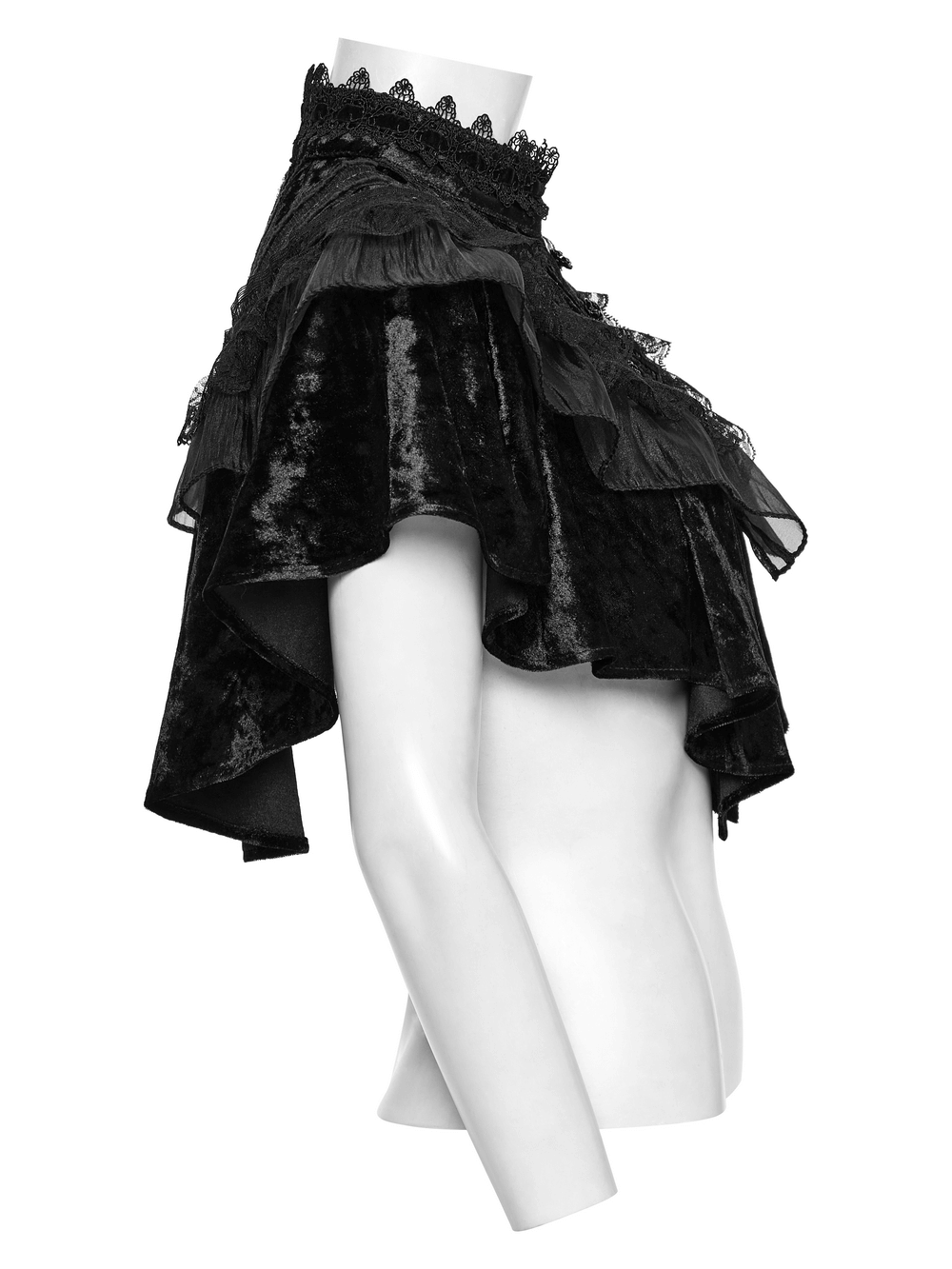 Elegant black velvet embroidered goth cape with retro lace design displayed on a mannequin side view.