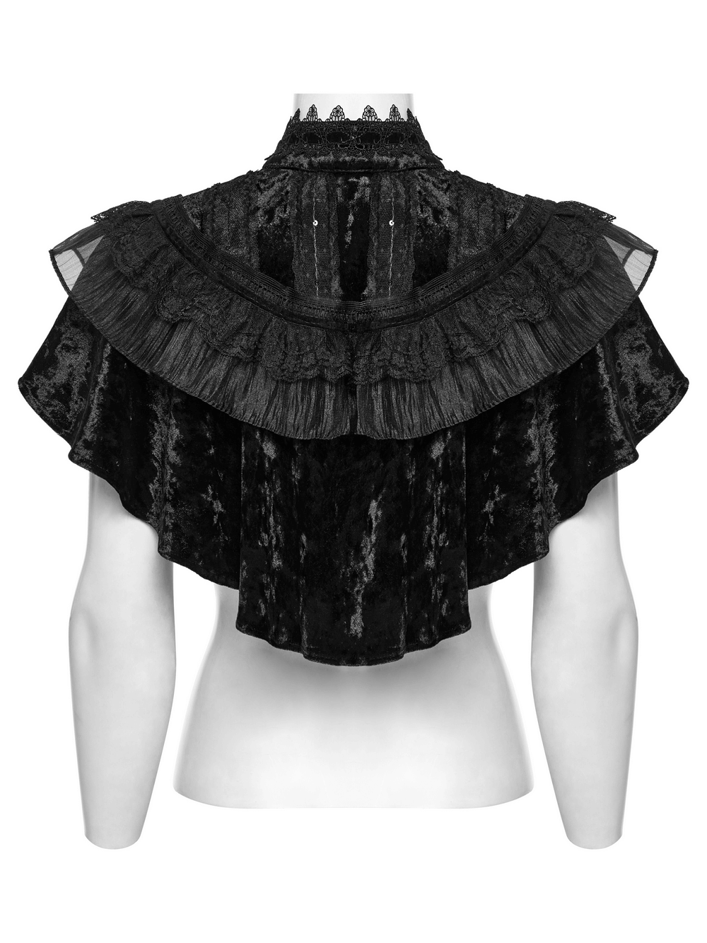 Elegant Goth cape featuring black velvet with retro lace trim and dramatic collar detail.