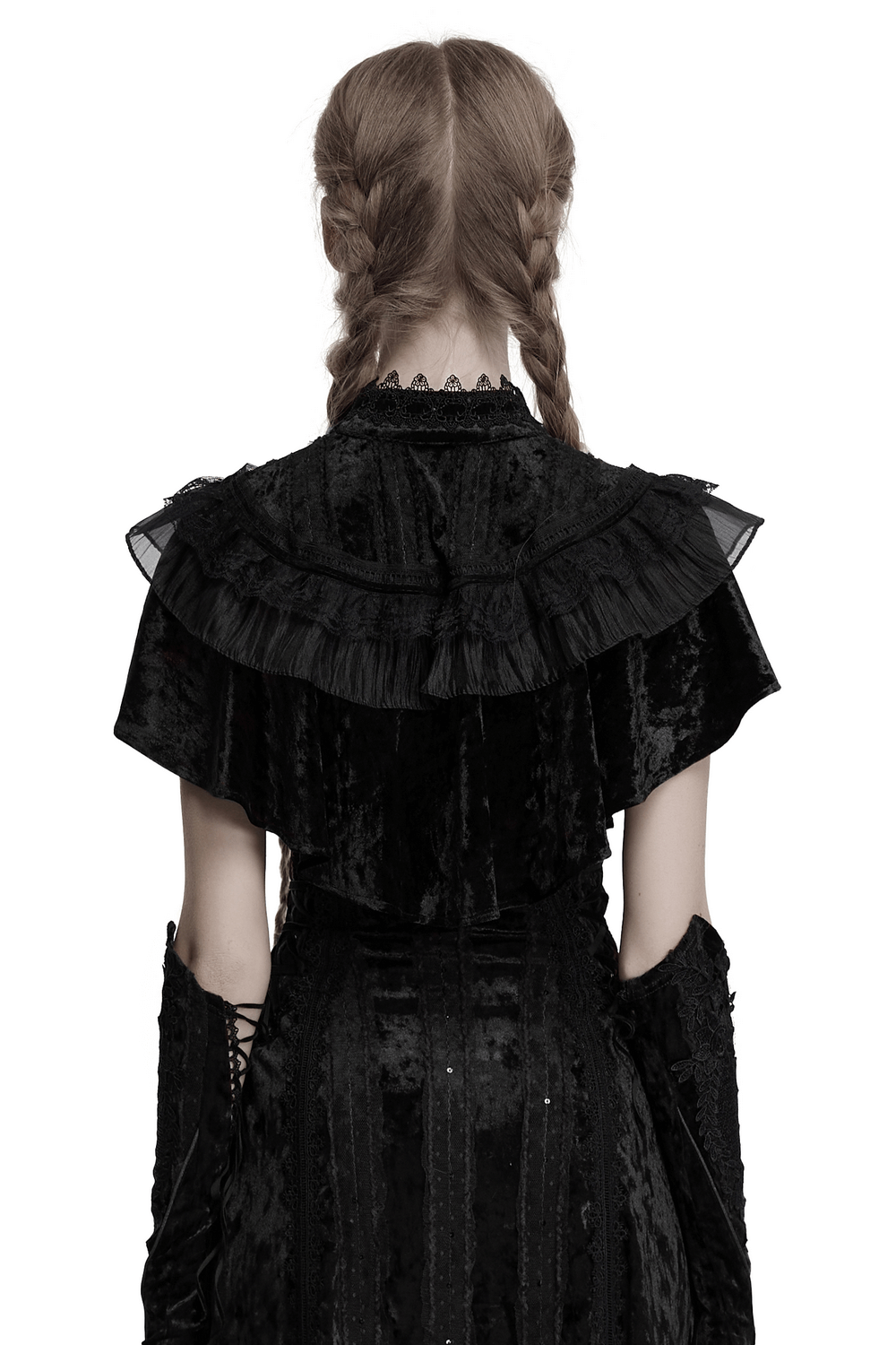 Back view of an elegant embroidered goth cape with retro lace design and ruffled velvet trim.