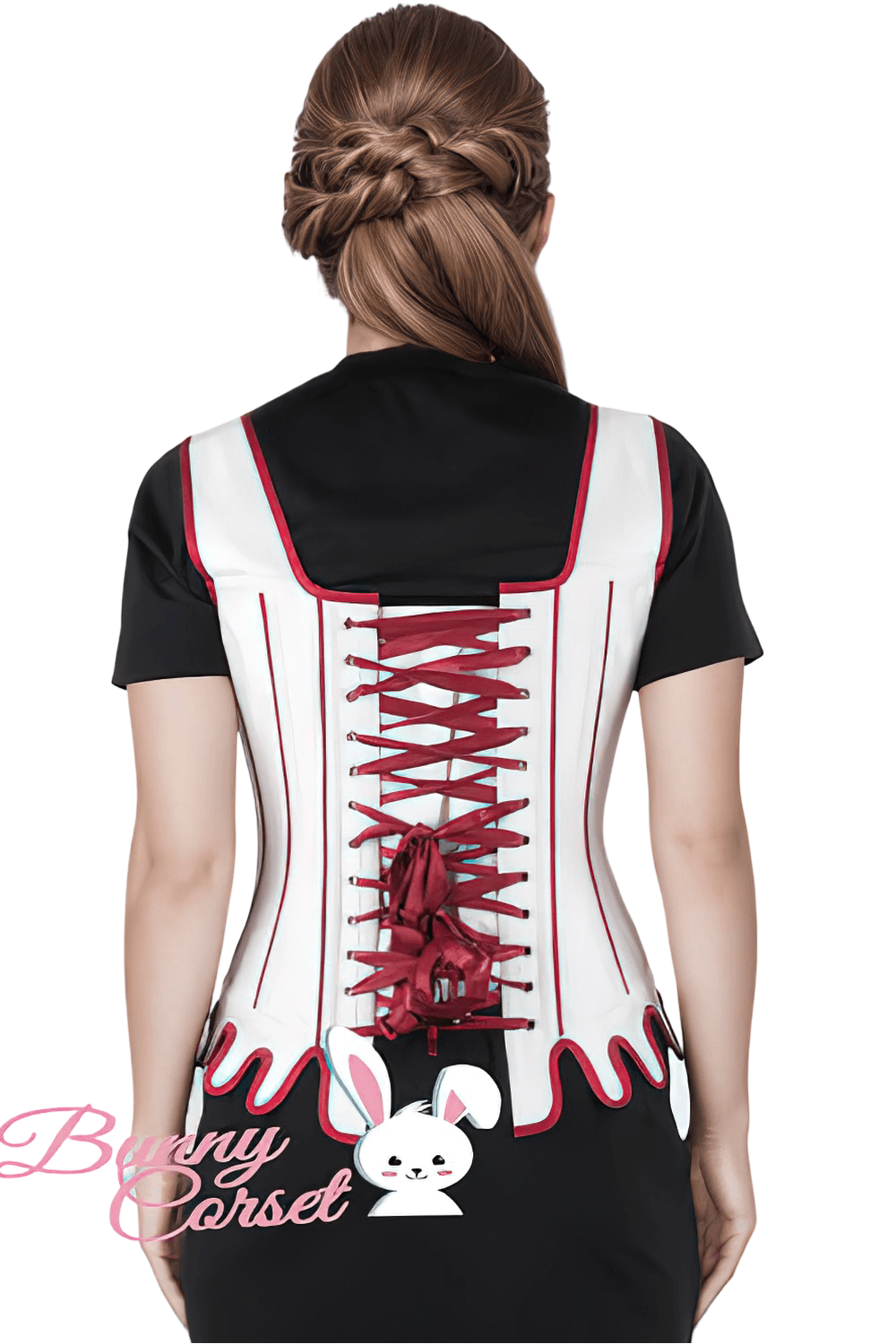 Elegant embroidered overbust corset with lace detailing and a back lacing design, perfect for waist training.