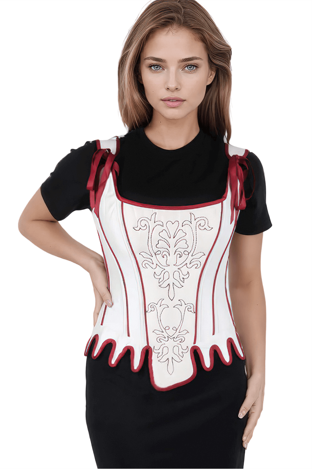 Elegant ivory embroidered overbust corset with side zipper and lace detailing, perfect for vintage styling.