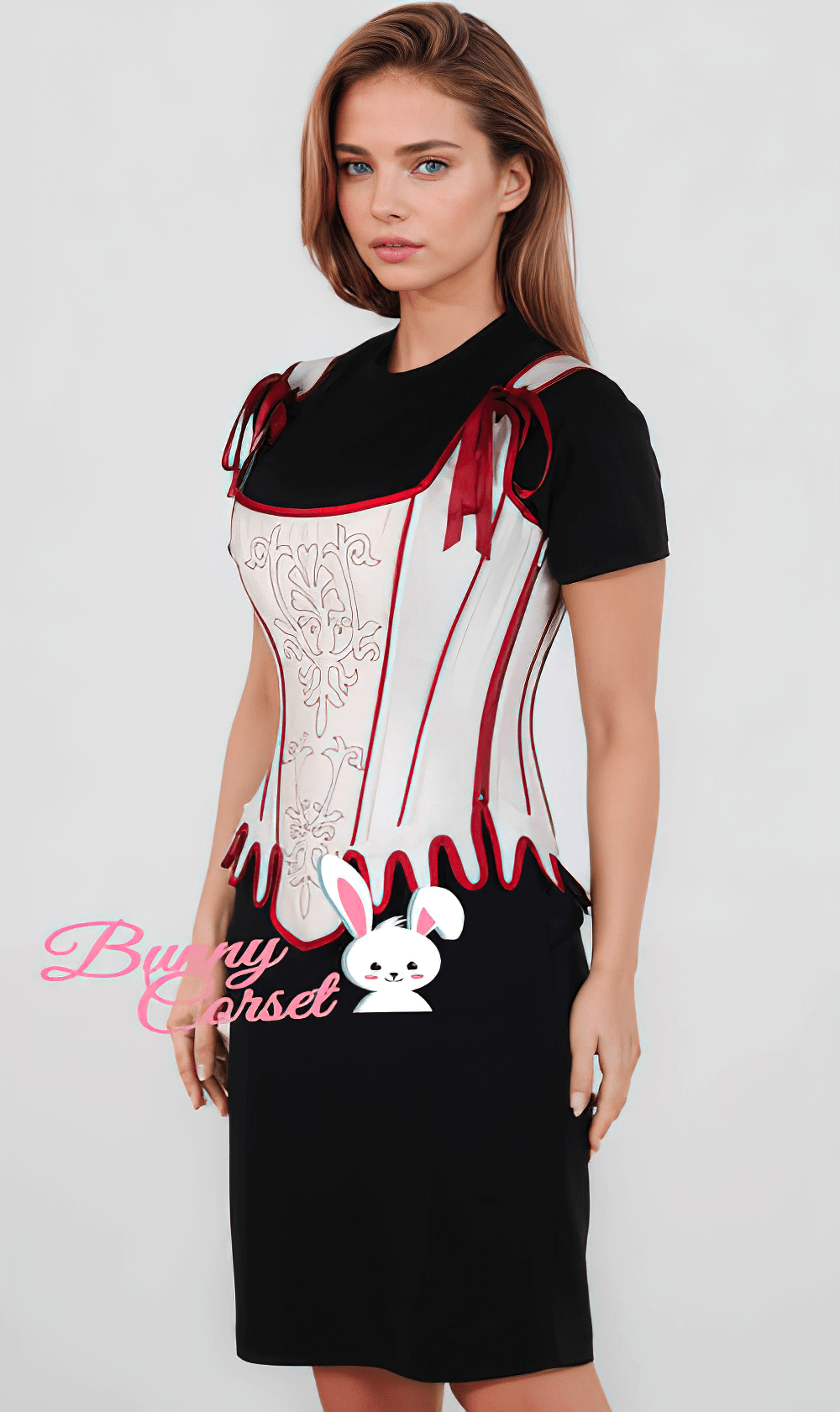 Elegant ivory embroidered overbust corset with red ties, perfect for vintage and gothic styles.