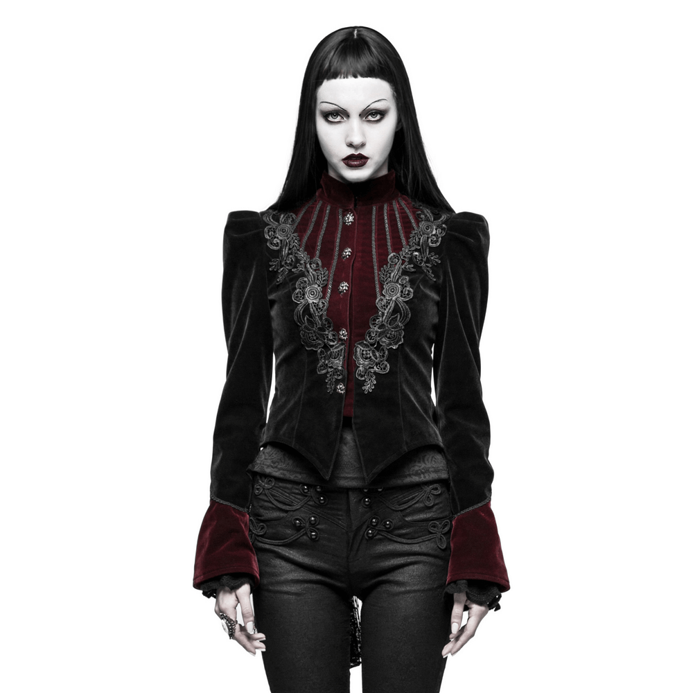 Elegant embroidered velvet Gothic tailcoat jacket with trumpet cuffs and ribbon flower detail.