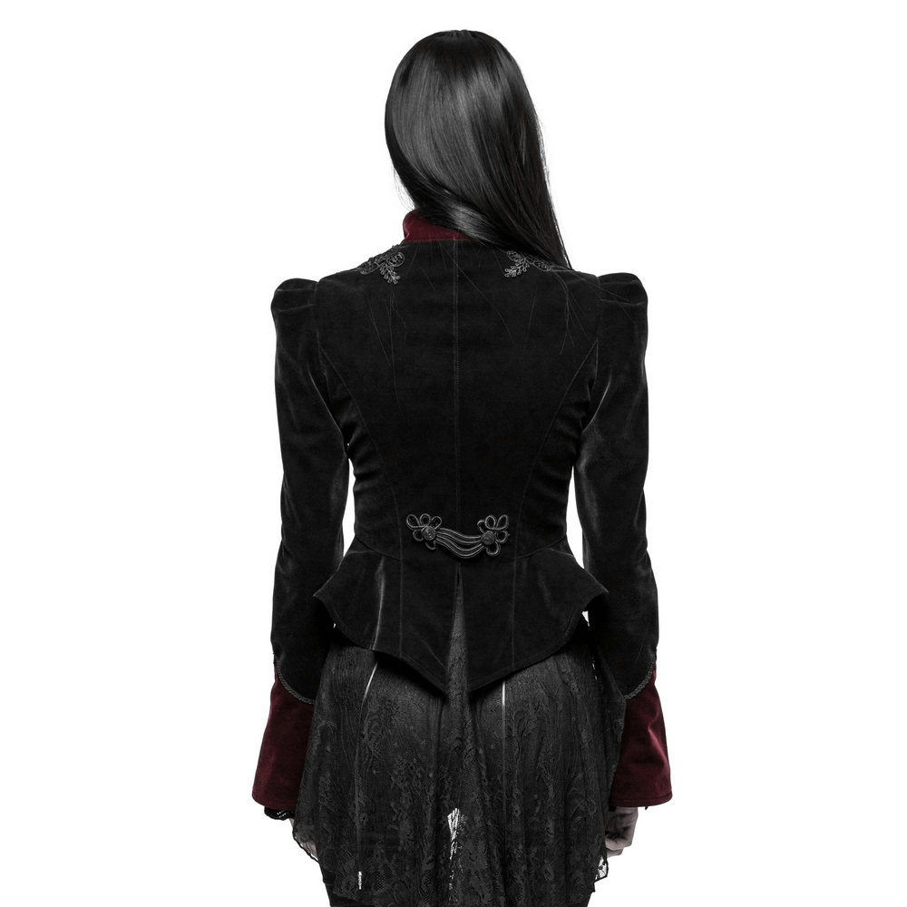 Back view of an elegant embroidered velvet Gothic tailcoat jacket with trumpet cuffs and decorative details.
