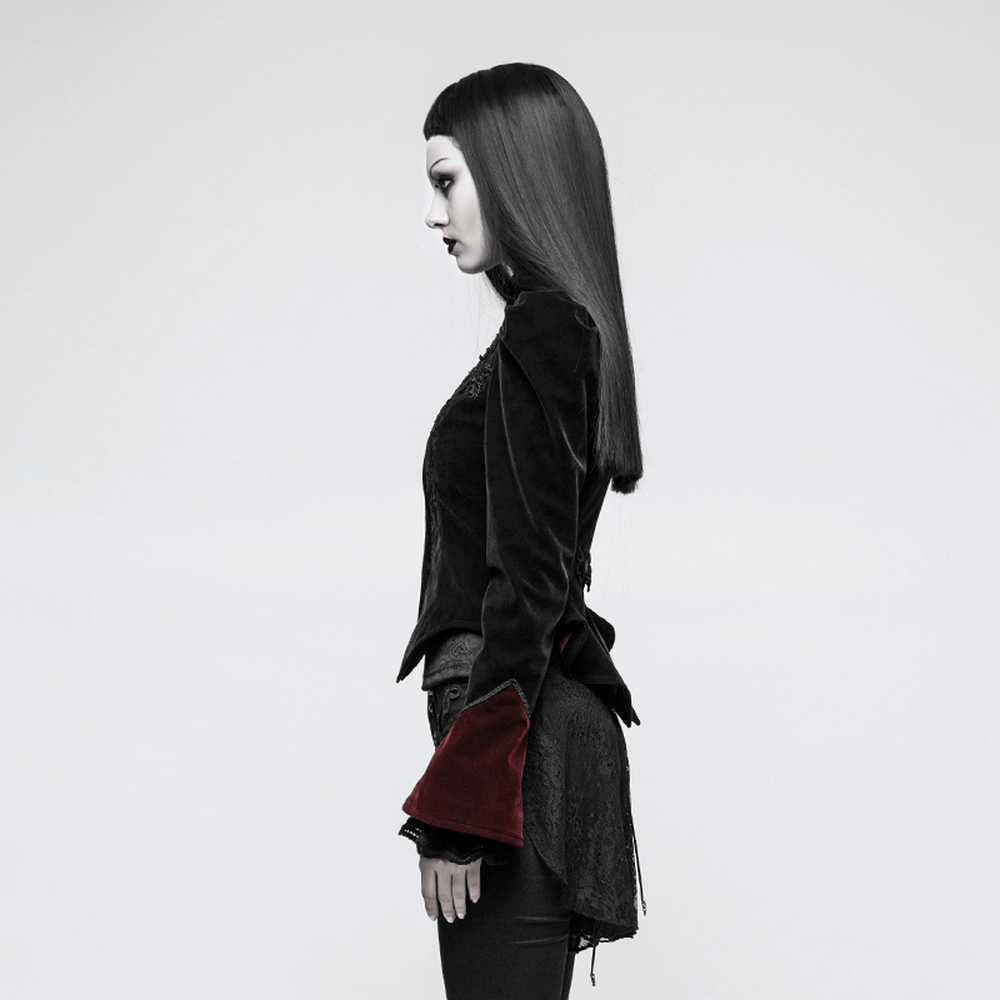 Model showcasing an elegant black velvet Gothic tailcoat jacket with trumpet cuffs, exuding dark elegance.