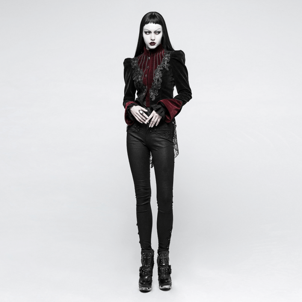 Gothic embroidered velvet tailcoat jacket on model, showcasing dark elegance and sophisticated design details.