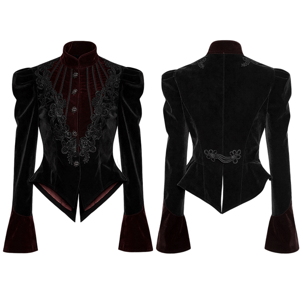 Elegant Gothic velvet tailcoat jacket with intricate embroidery and trumpet cuffs for dark fashion enthusiasts.