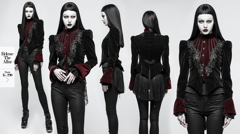 Elegant gothic velvet jacket showcasing intricate embroidery and puff sleeves, perfect for dark fashion enthusiasts.