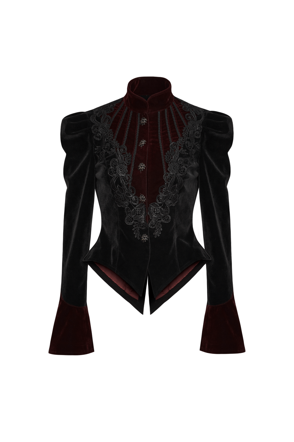Elegant embroidered velvet gothic tailcoat jacket with trumpet cuffs and intricate floral design.