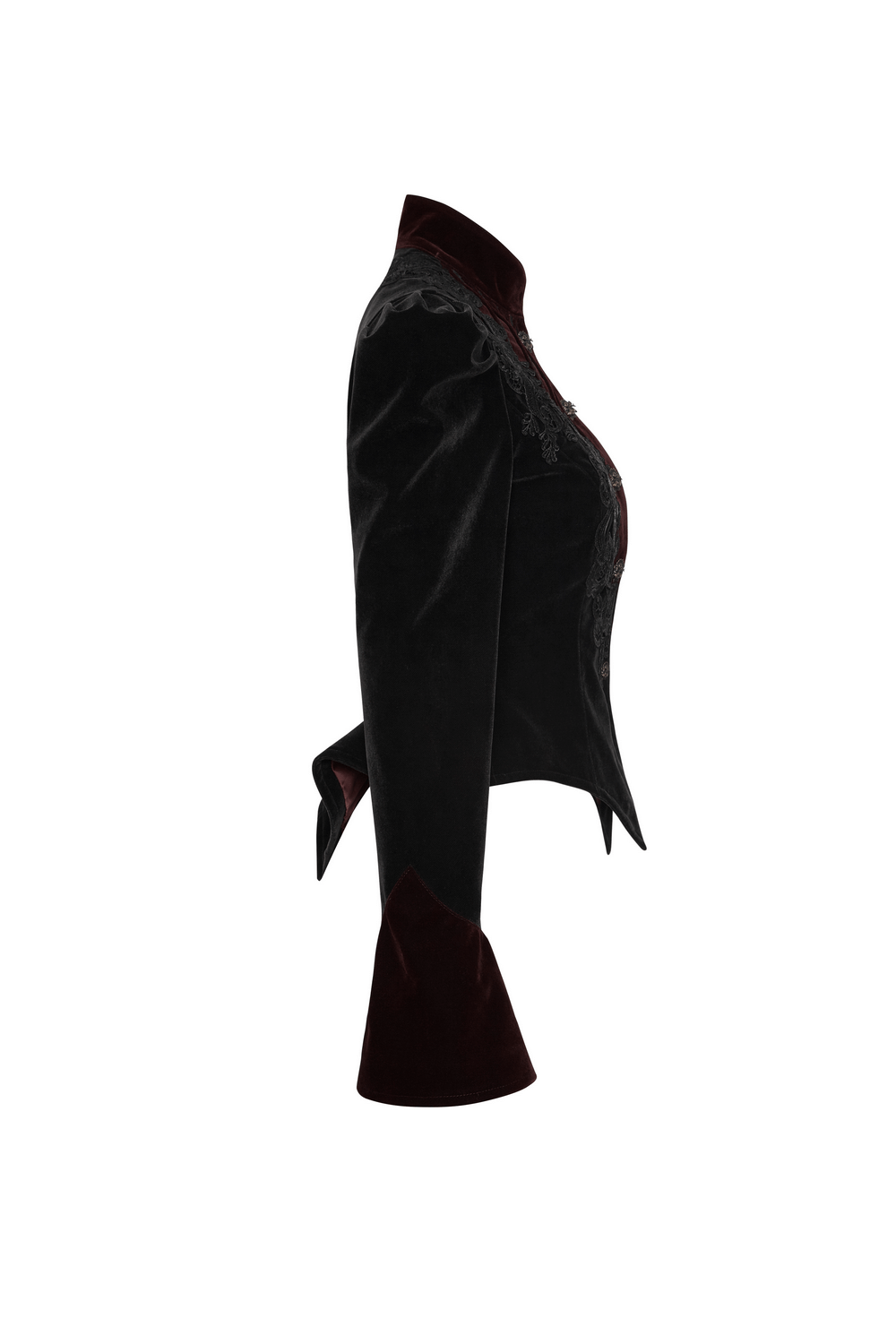 Side view of an elegant embroidered velvet Gothic tailcoat jacket with trumpet cuffs and intricate detailing.