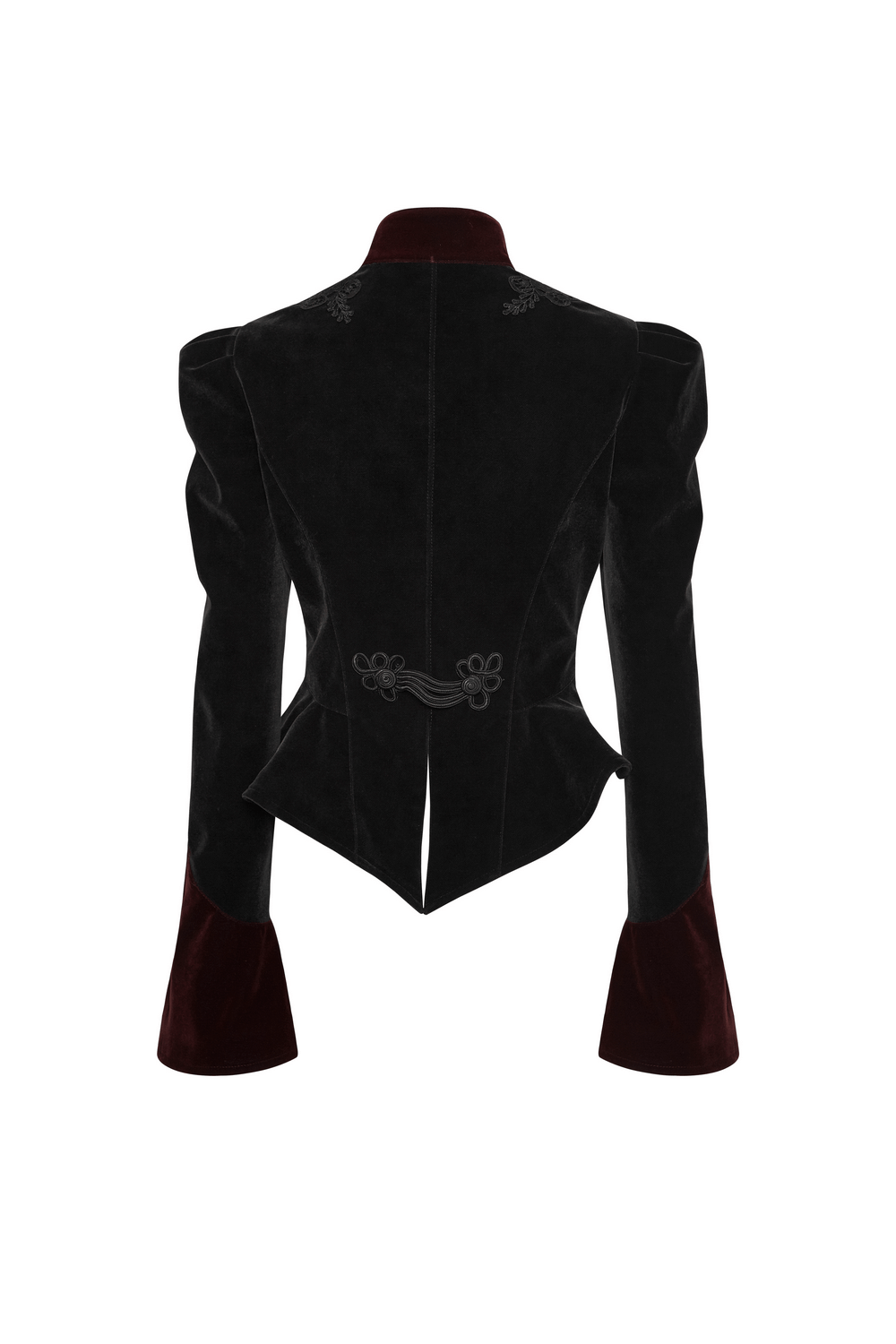 Back view of an elegant black velvet gothic tailcoat jacket with embroidered details and trumpet cuffs.