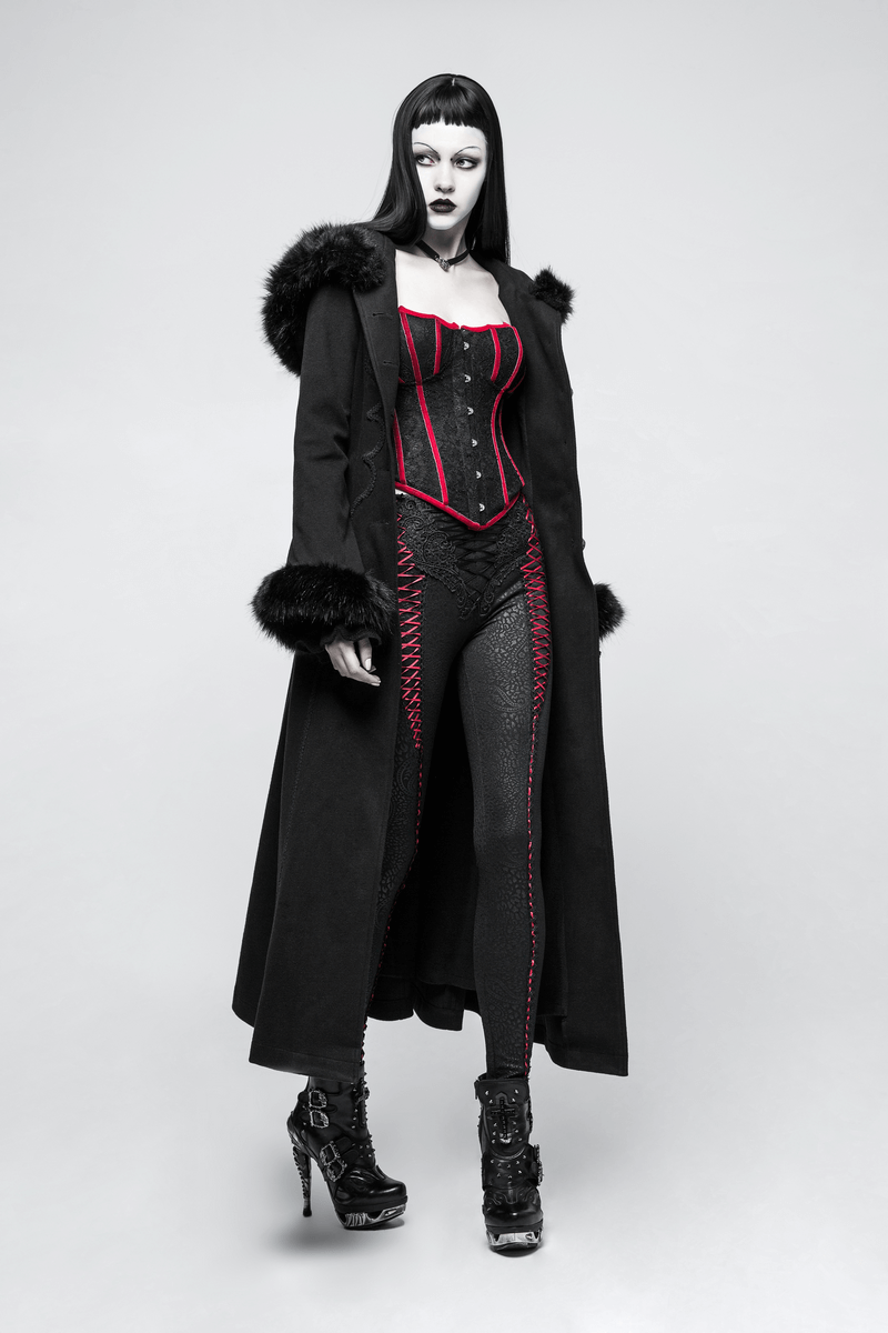 Chic woman in faux fur hooded gothic coat with corset, showcasing elegant dark fashion style.