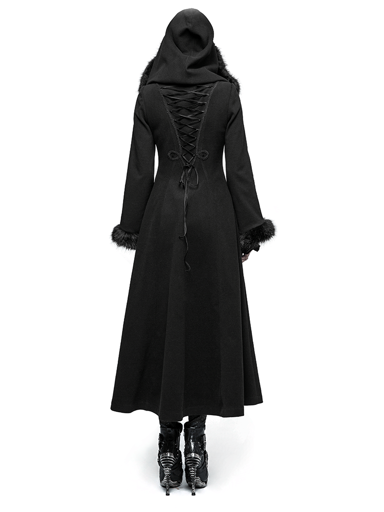 Back view of an elegant faux fur hooded gothic coat for women, featuring lace-up details and stylish long sleeves.