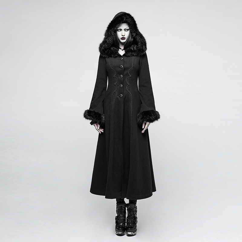Elegant faux fur hooded long gothic coat for women, embodying chic goth fashion with luxurious warmth and style.