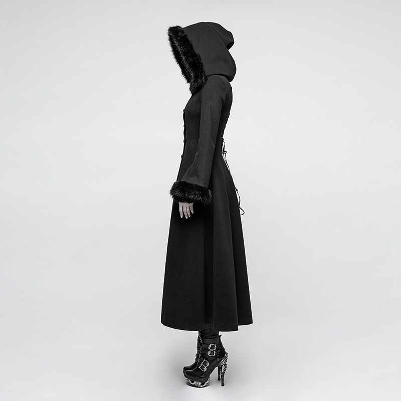 Elegant faux fur hooded long gothic coat for women, featuring chic design and warm cashmere lining.