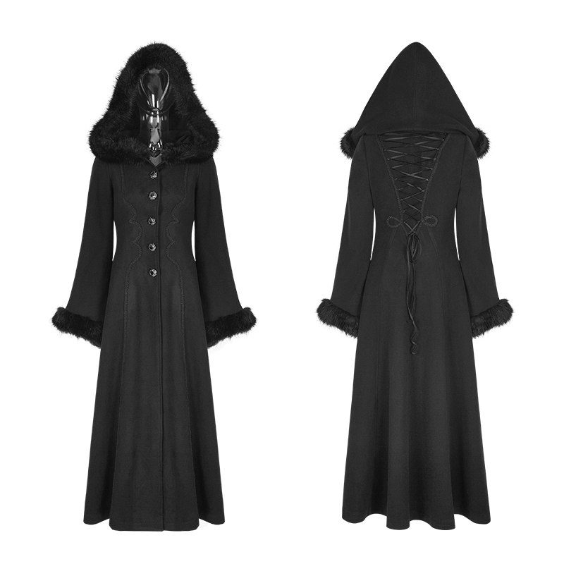 Elegant faux fur hooded long gothic coat for women, featuring chic design and lace-up back.