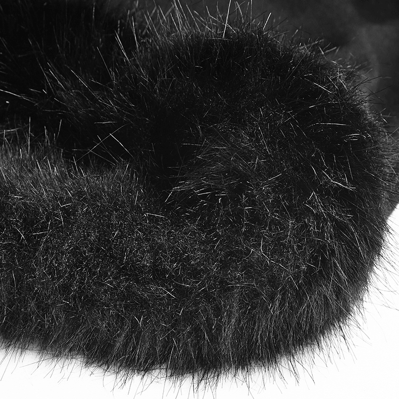 Close-up of luxurious black faux fur trim, showcasing soft texture for gothic fashion.