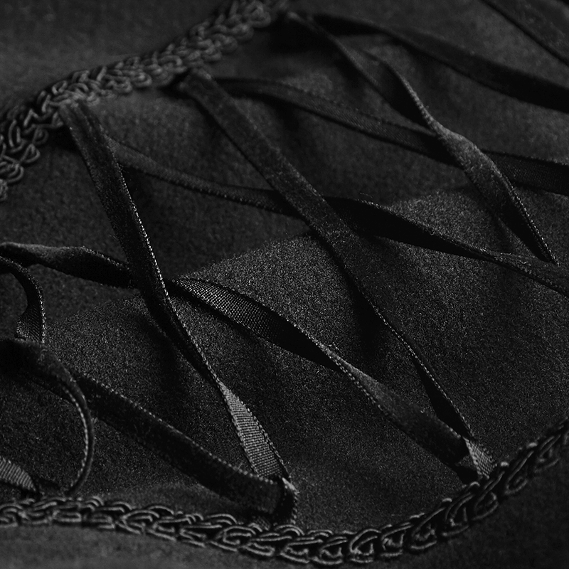 Close-up of sleek black ribbons woven into soft fabric, showcasing intricate gothic lacing detail.