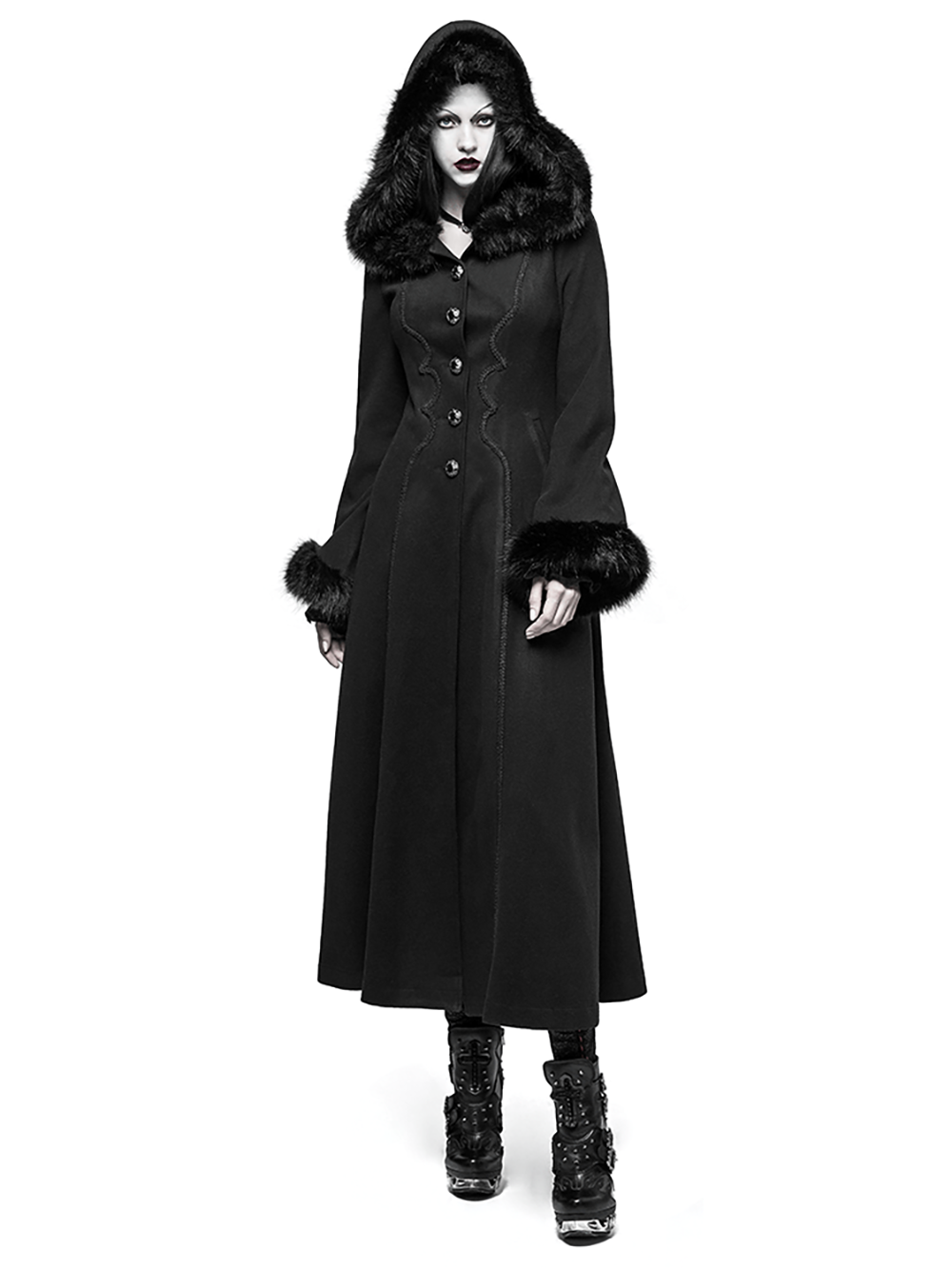 Elegant faux fur hooded long gothic coat for women, perfect for chic gothic fashion and winter warmth.