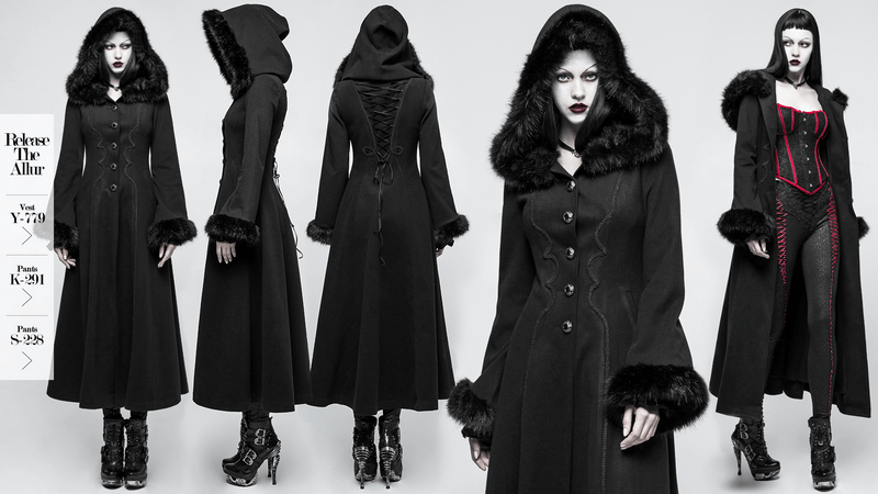 Elegant faux fur hooded gothic coat showcasing chic design and luxurious warmth in a striking black ensemble.
