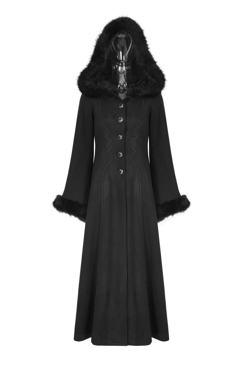 Elegant faux fur hooded gothic coat for women, showcasing a chic silhouette and luxurious cashmere lining.