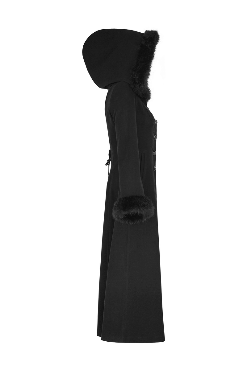 Elegant black faux fur hooded long gothic coat for women, featuring chic design, fine worsted fabric, and luxurious cashmere lining.