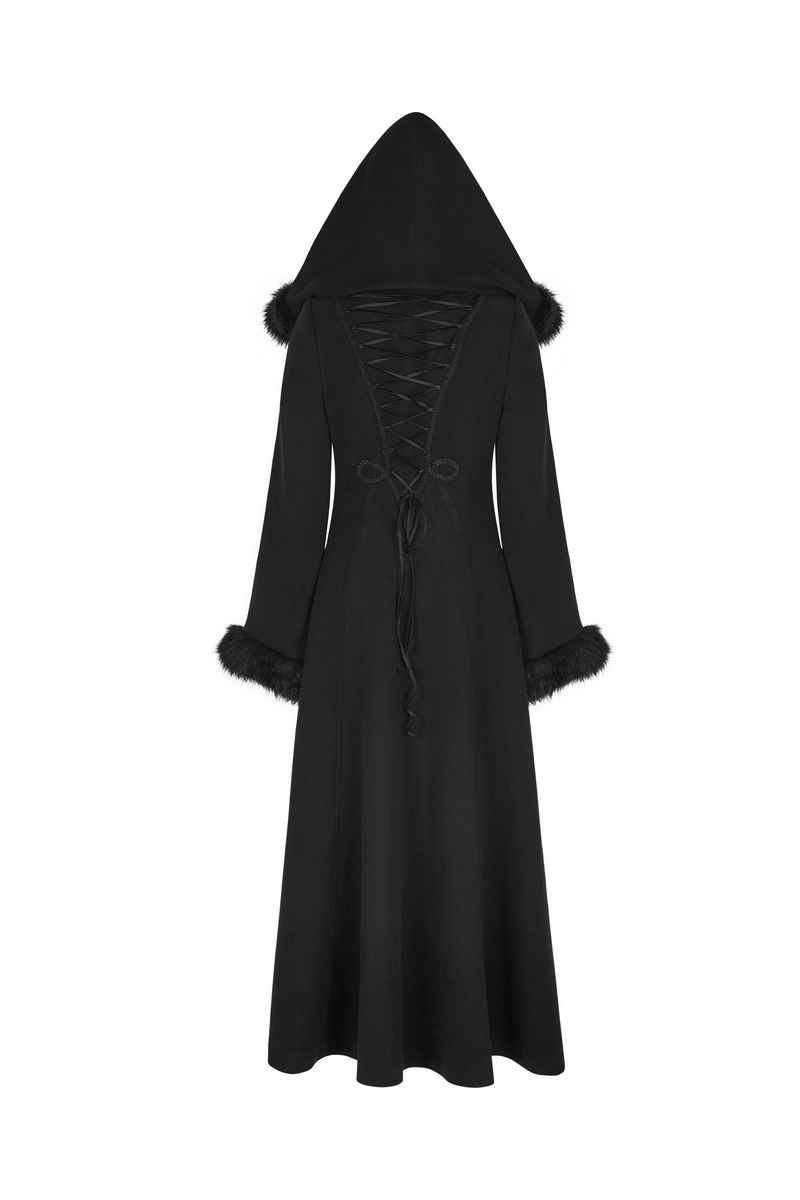 Elegant black faux fur hooded gothic coat featuring a lace-up back design and luxurious fabric.