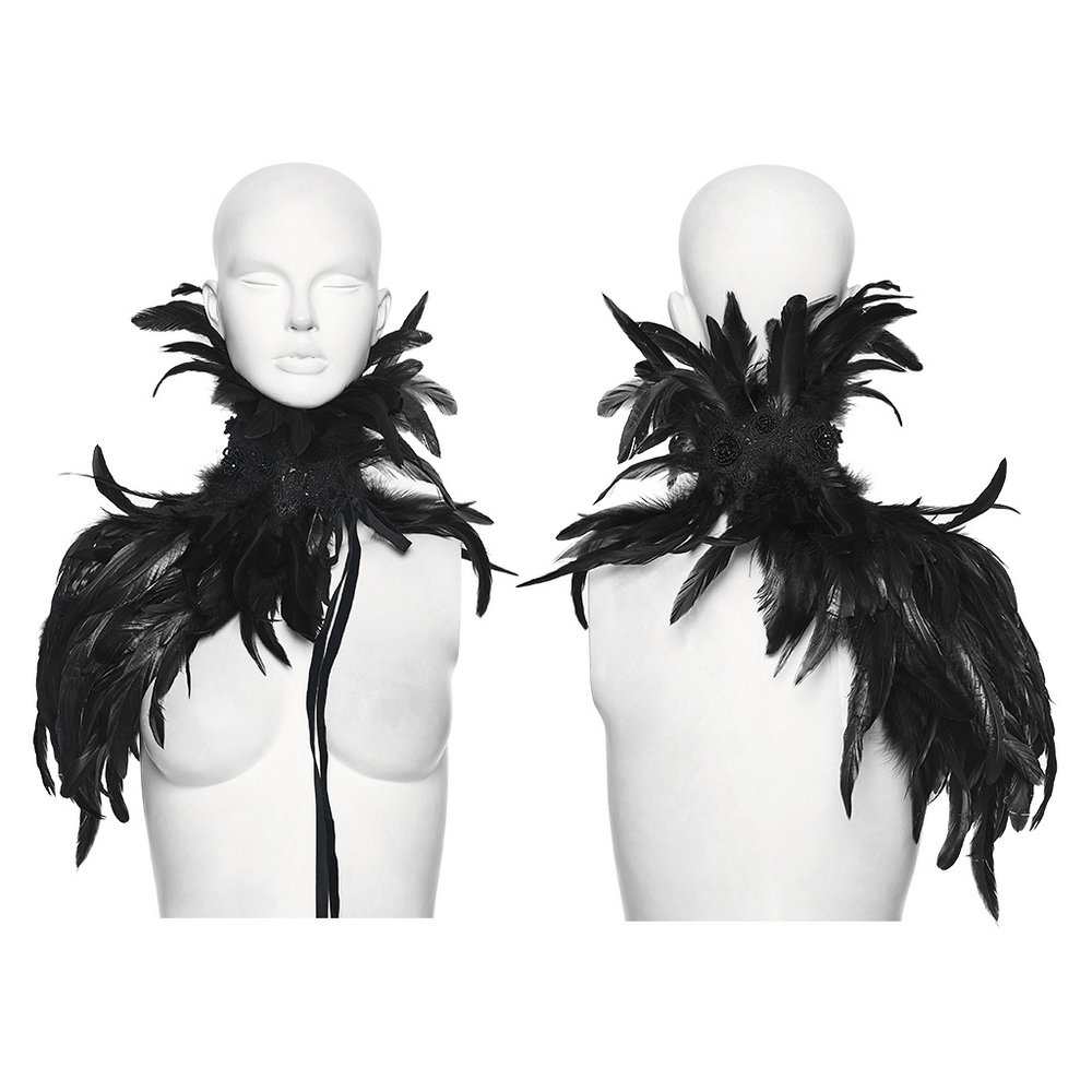 Dramatic black feather neck collar and shoulder epaulette for gothic festival wear, showcasing layered plumage.