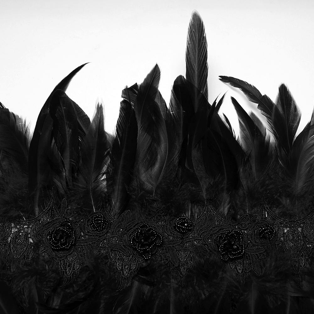 Elegant black feather neck collar with detailed floral embellishments for gothic and festival fashion.