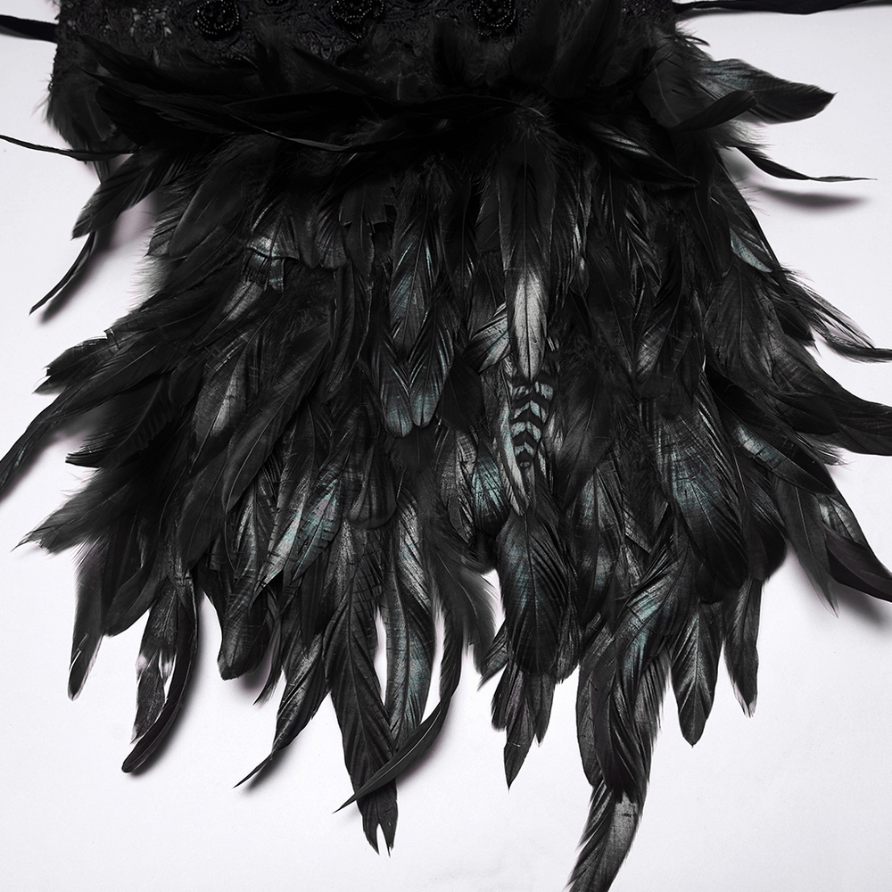 Elegant black feather shoulder epaulette collar for gothic festival wear, featuring dramatic layered plumage and intricate detailing.