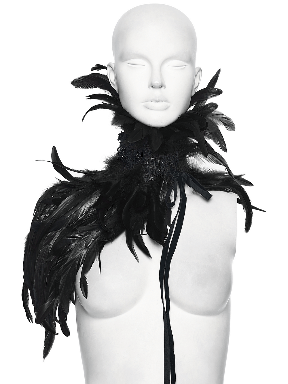 Dramatic black feather neck collar and shoulder epaulette on a mannequin for gothic festival wear.