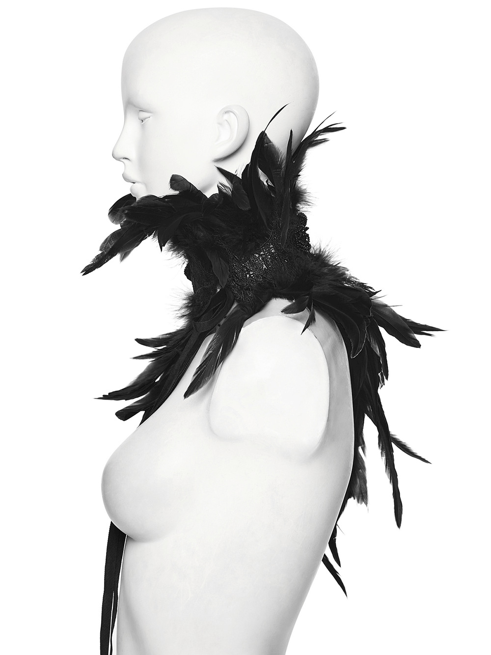 Elegant black feather neck collar and shoulder epaulette for gothic festival wear, enhancing alternative fashion styling.
