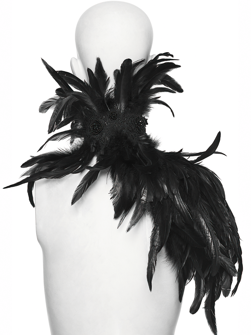 Dark feather neck collar and shoulder epaulette for a dramatic gothic festival look.