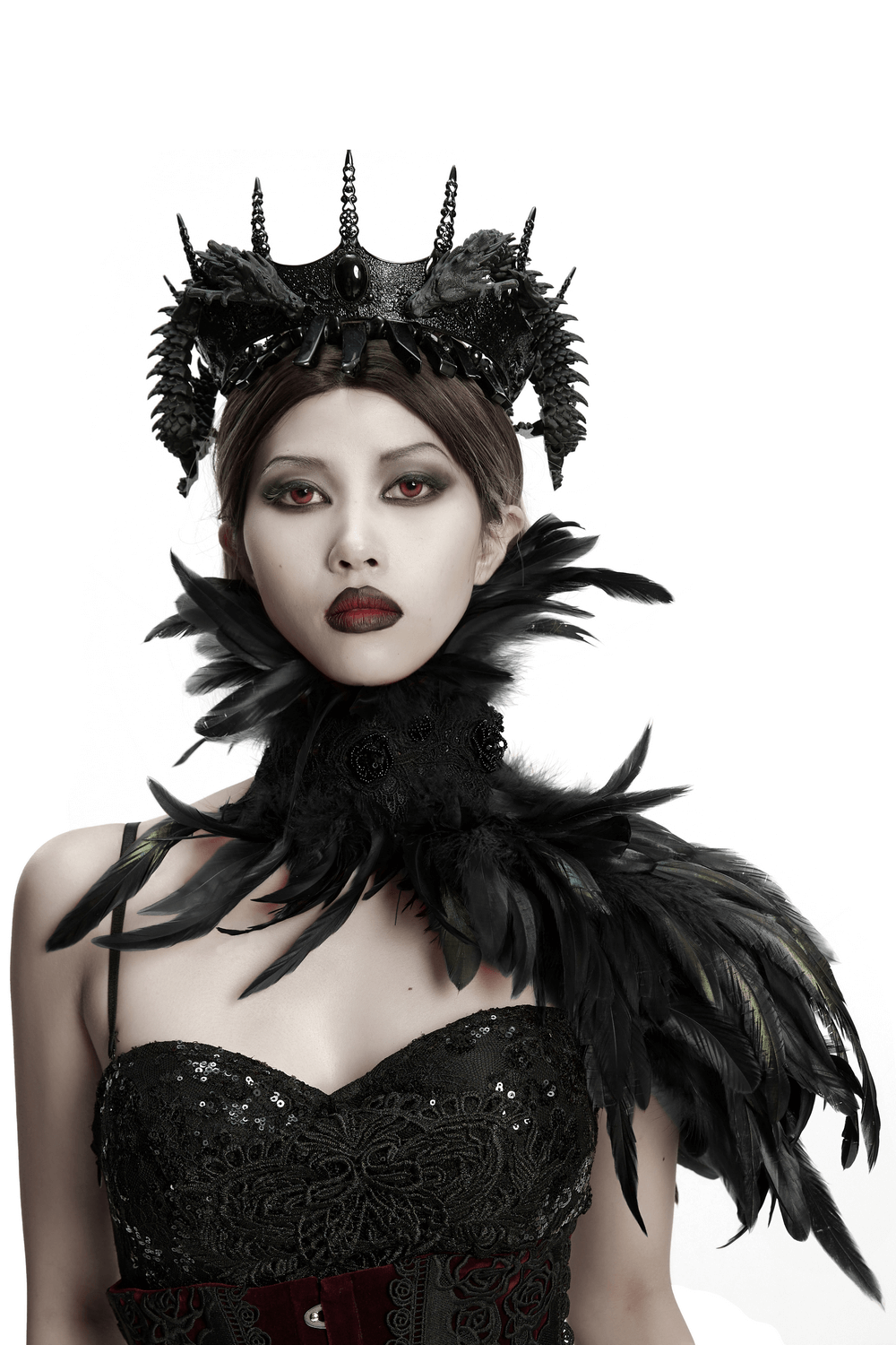 Elegant dark feather neck collar and shoulder armor for gothic fashion and festival wear.