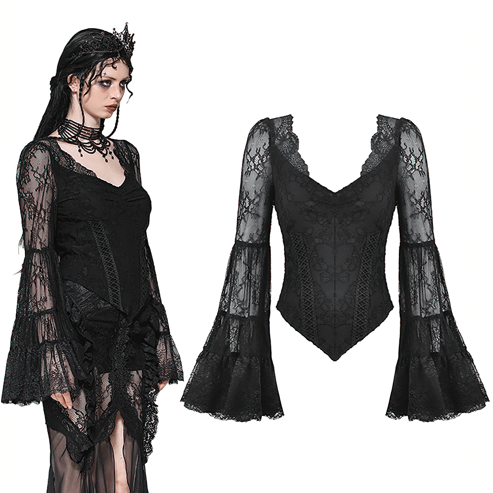 Elegant black lace gothic top with V-neck and flared sleeves, perfect for vintage-inspired outfits.