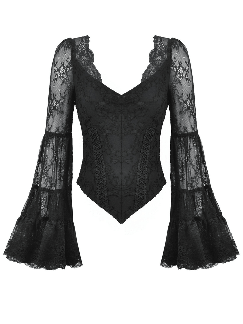 Elegant black lace top with flared sleeves and V-neck for a gothic vintage look.