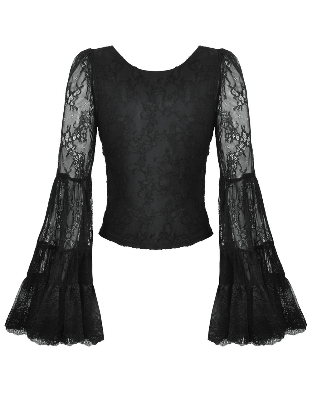 Elegant black lace top with flared sleeves and vintage V-neck for a gothic-chic style.