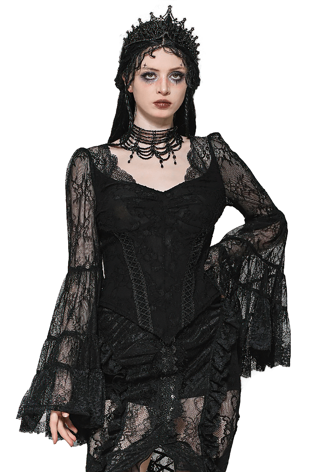 Elegant gothic black lace top with V-neck and flared sleeves, perfect for vintage-inspired fashion.