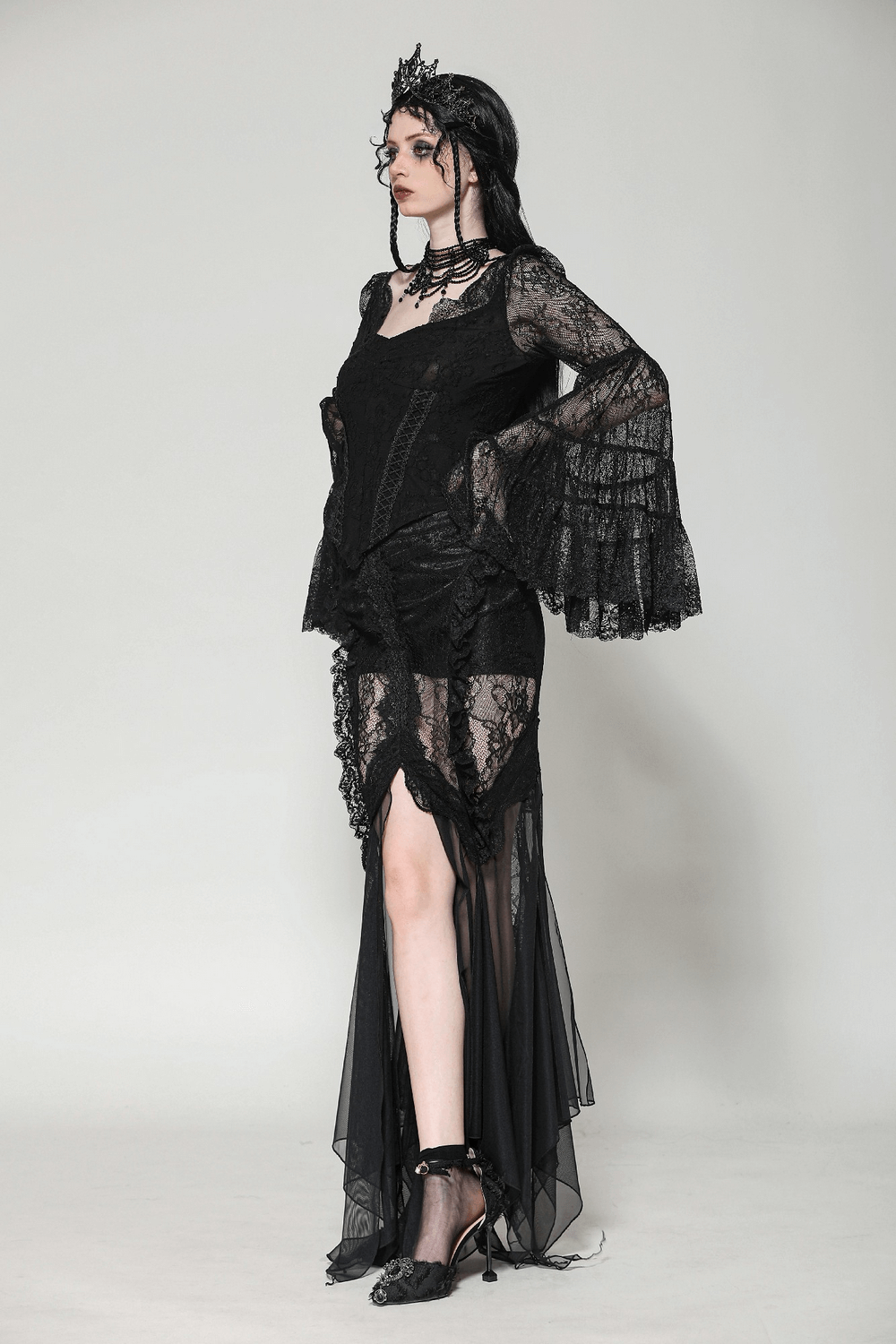 Elegant gothic black lace top with flared sleeves and V-neck, perfect for vintage style lovers.