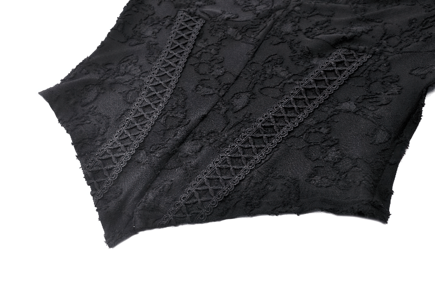 Elegant black lace fabric with intricate patterns and V-neck design, perfect for gothic or vintage style tops.