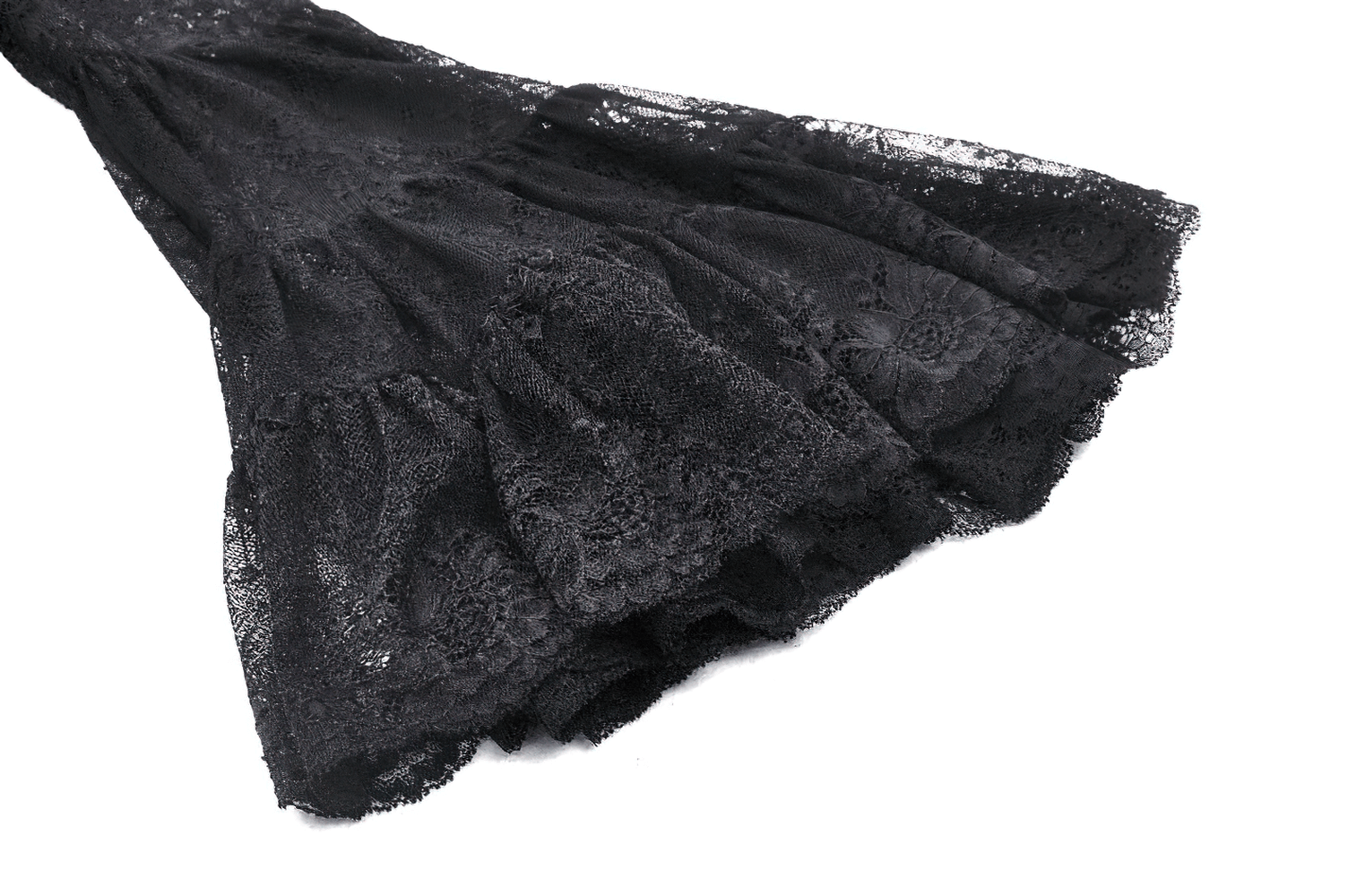 Elegant black lace fabric showcasing flared sleeve detailing for gothic-inspired fashion.