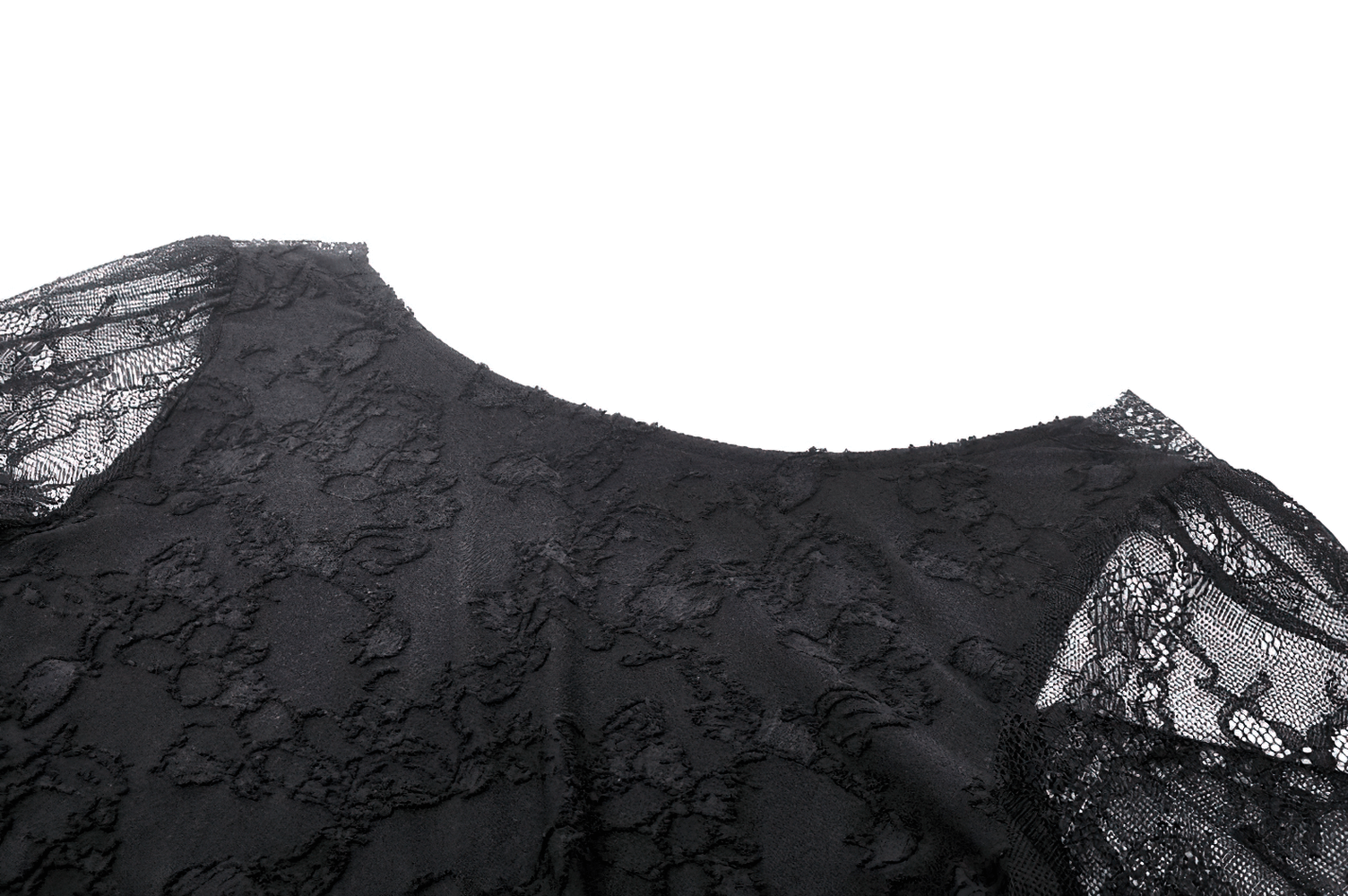 Elegant gothic black lace top with flared sleeves and deep V-neck, showcasing vintage charm and intricate lace patterns.