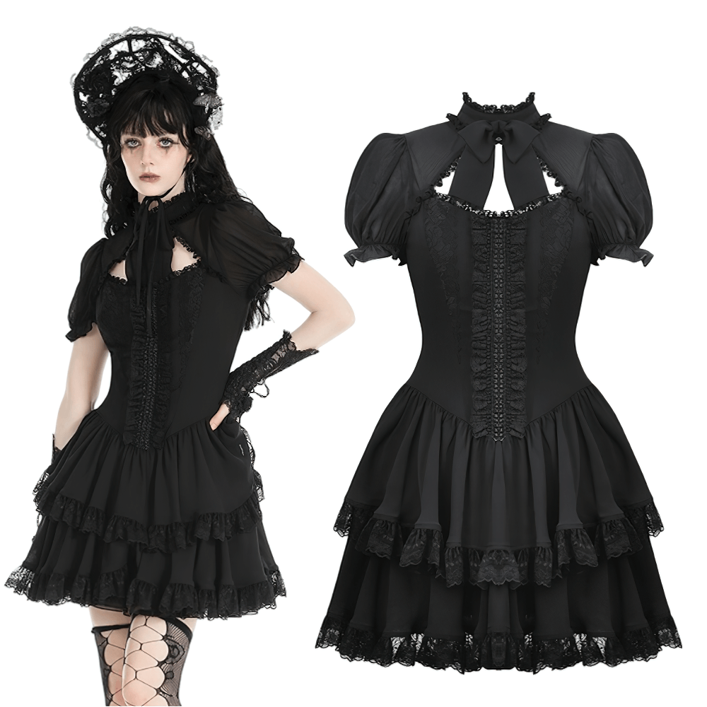 Elegant Female Gothic Lace Dress with Ruffled Layers