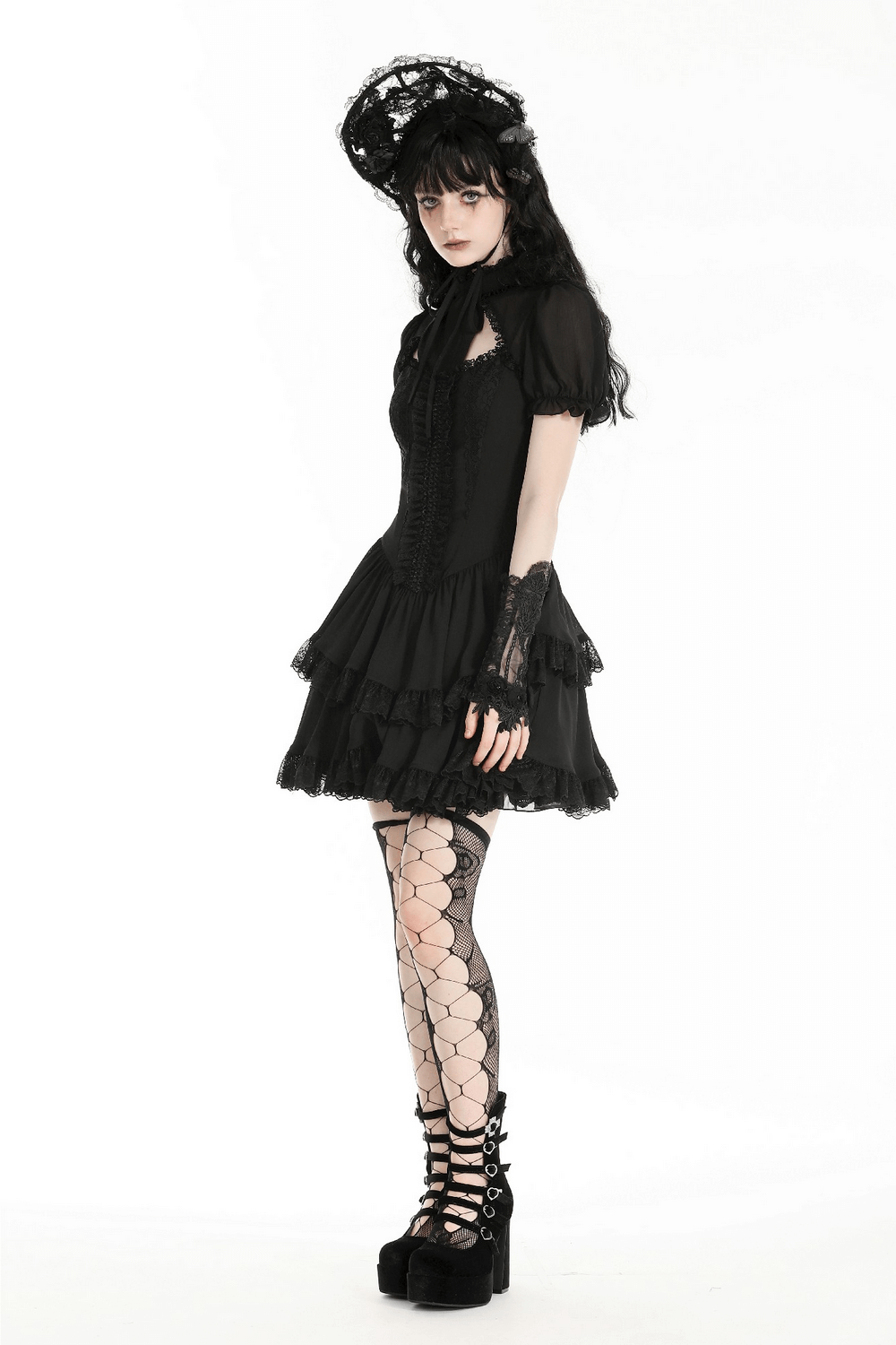 Elegant Female Gothic Lace Dress with Ruffled Layers