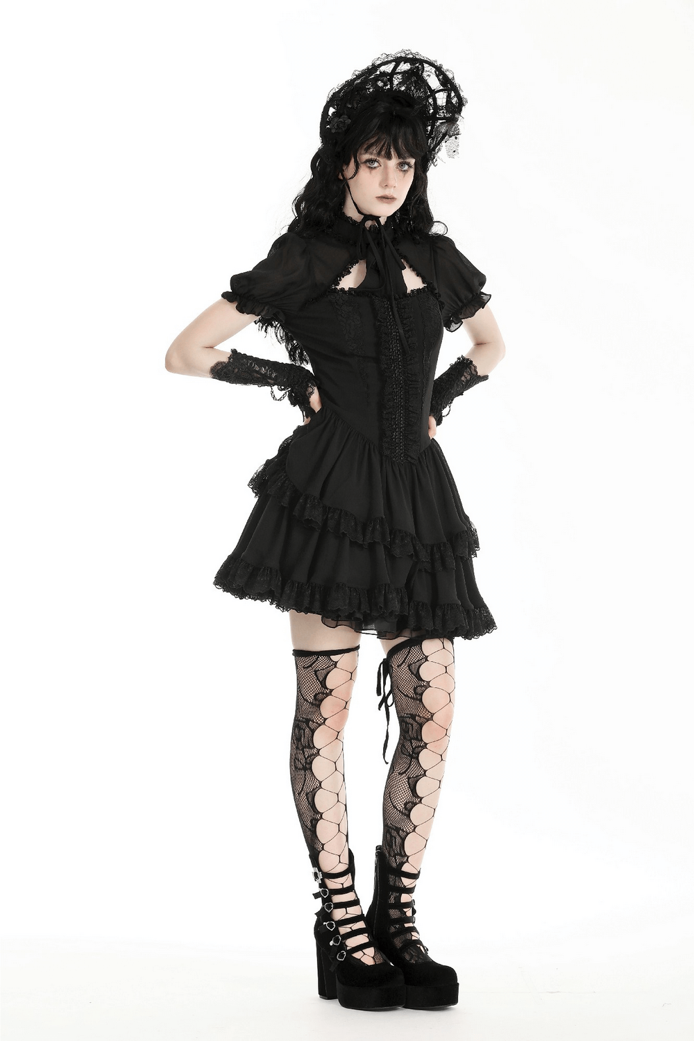 Elegant Female Gothic Lace Dress with Ruffled Layers