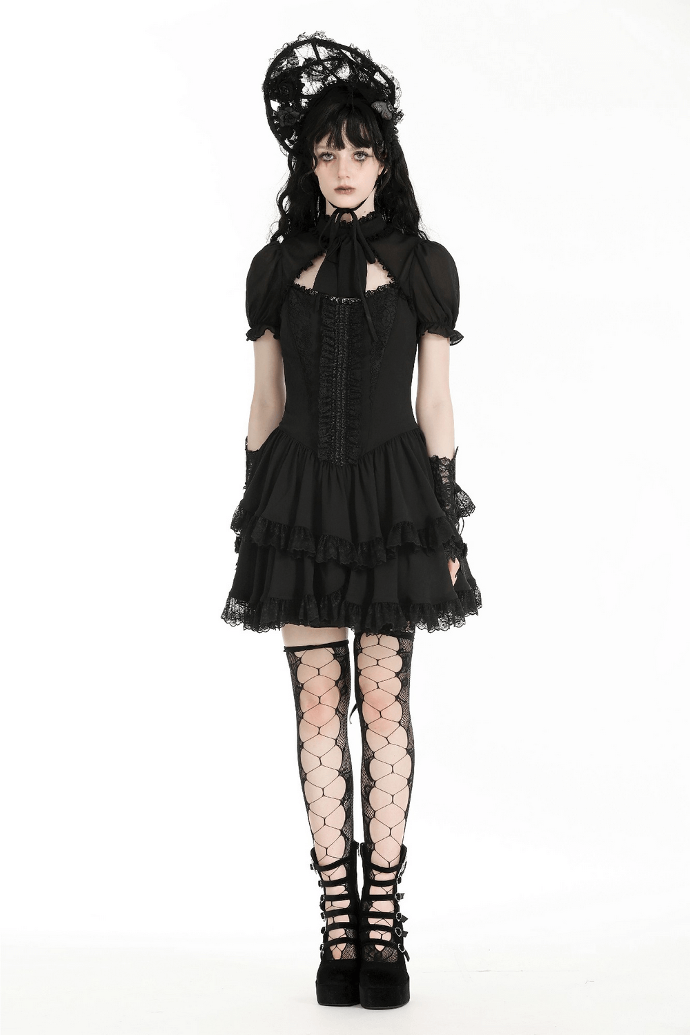 Elegant Female Gothic Lace Dress with Ruffled Layers