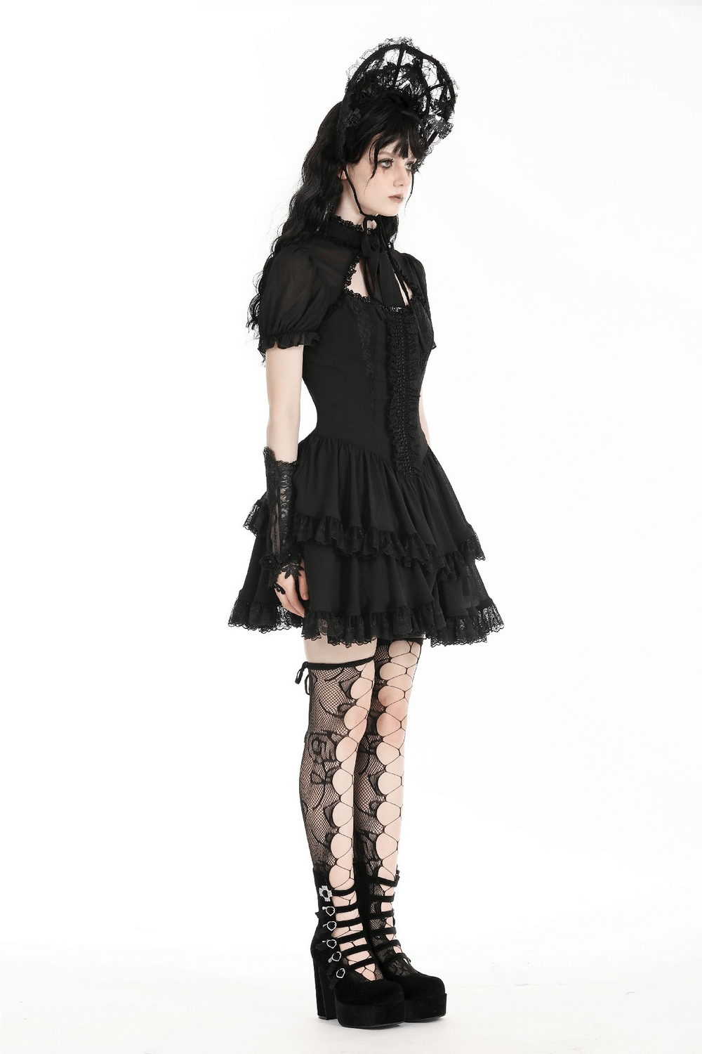 Elegant Female Gothic Lace Dress with Ruffled Layers