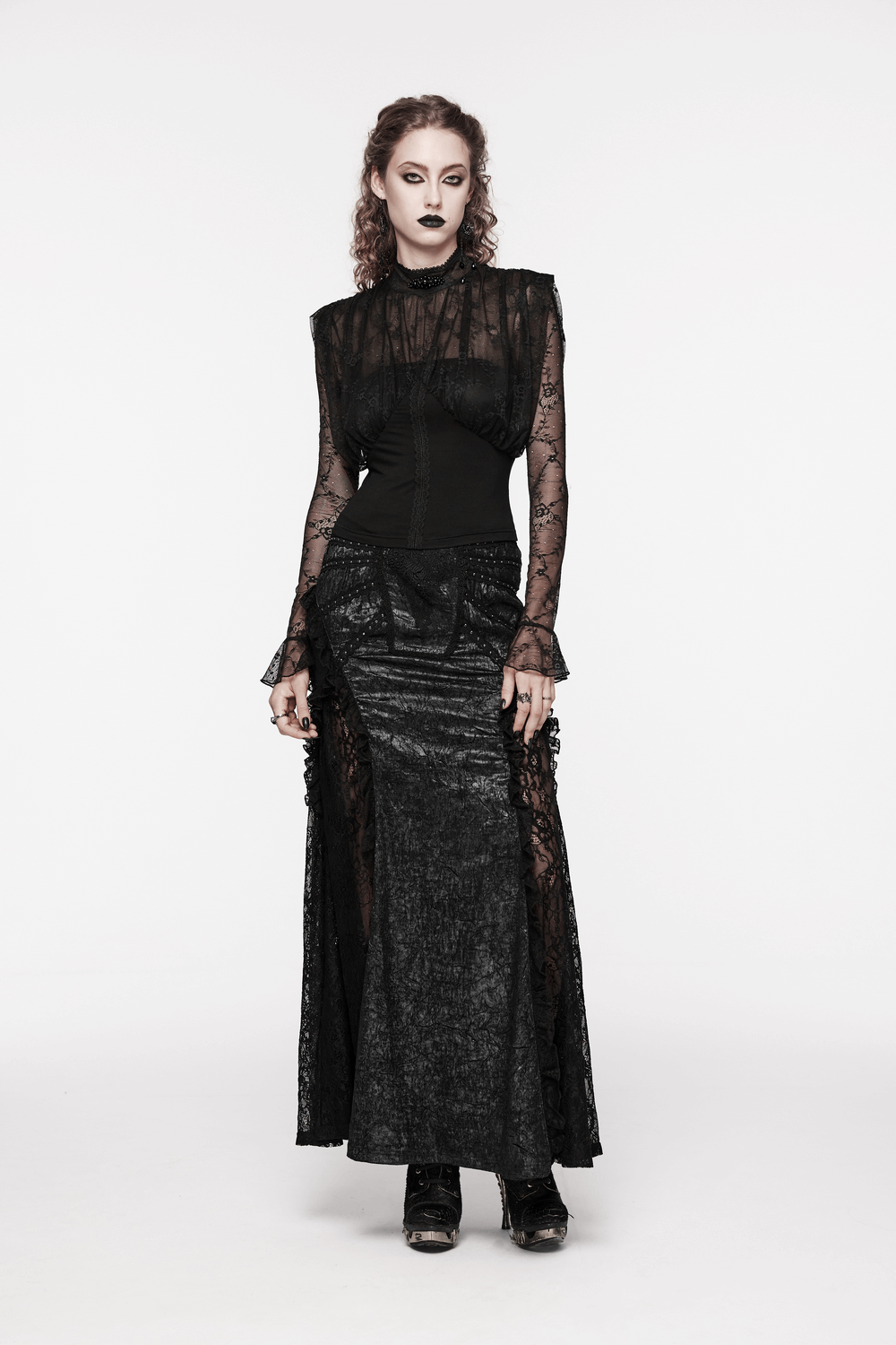 Elegant Female Sheer Black Lace Top with Long Sleeves