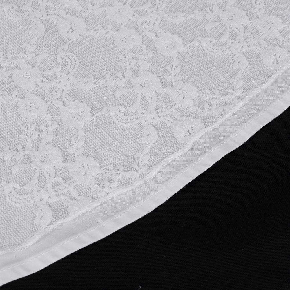 Close-up of white lace fabric with floral patterns and a black background, showcasing intricate detail and texture.